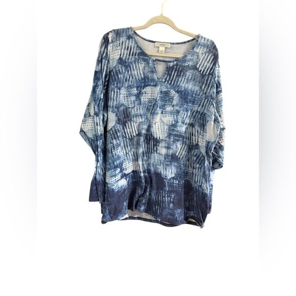 CJ Banks size 2X blue and white long sleeve sparkly blouse - Picture 2 of 10